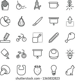 thin line vector icon set - tassel vector, graphite pencil, baby powder, bib, children's potty, child bicycle, tricycle, drawing, core, expand picture, move up, porcini, chicken leg, tasty raspberry