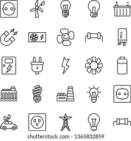 thin line vector icon set - matte light bulb vector, incandescent lamp, saving, power socket type f, lightning, dangers, electronic boiler, fan screw, charge level, wind energy, battery, line, plug