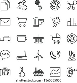 thin line vector icon set - camera vector, envelope, grocery basket, clean paper, roll, bar chart, line, baby carriage, children's potty, star gear, speech, cart, shipment, pizza, onion, windmill