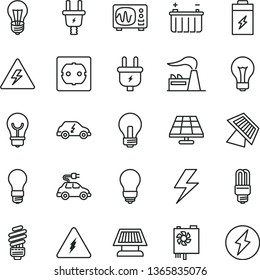thin line vector icon set - lightning vector, danger of electricity, matte light bulb, incandescent lamp, saving, power socket type f, charging battery, solar panel, factory, plug, electric, mercury