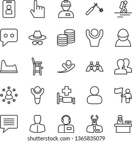 thin line vector icon set - image of thought vector, women, hat with glasses, potty chair, a for feeding child, workman, index finger, operator, coins, racer, welding, woman, man, think, scientist