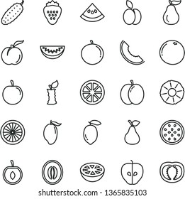thin line vector icon set - cucumber vector, strawberry, apple, pear, ripe peach, tasty, slice of melon, mango, half, water, tangerine, plum, cherry, lemon, juicy, passion fruit, orange, pineapple
