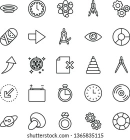 thin line vector icon set - clock face vector, right direction, stacking toy, tumbler, left bottom arrow, eye, timer, CD, delete page, porcini, plate, accumulator, Measuring compasses, gears, atom
