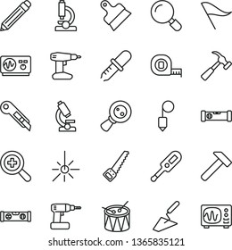 thin line vector icon set - graphite pencil vector, zoom, wind direction indicator, electronic thermometer e, drum, trowel, cordless drill, arm saw, measuring tape, construction level, building