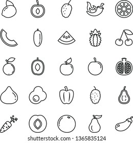 thin line vector icon set - chili vector, fried egg, cherry, half pomegranate, apricot, plum, fig, blueberry, mulberry, tasty, slice of melon, delicious, date fruit, yellow lemon, juicy, grapefruit