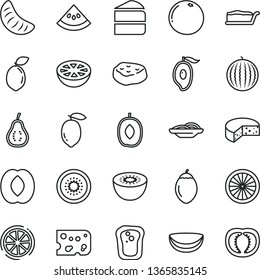 thin line vector icon set - piece of cheese vector, slices onion, cake, slice, meat, sandwich, water melon, half mango, delicious plum, peach, tangerine, lemon, kiwi, tamarillo, sour lime, orange