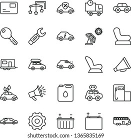 thin line vector icon set - truck lorry vector, horn, toys over the cot, Baby chair, car child seat, motor vehicle, present, key, pass card, delivery, big solar panel, modern gas station, battery