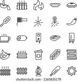 thin line vector icon set - electronic thermometer vector e, mercury, heating coil, radiator, new, boiler, coffee, sausage, Hot Dog, mini, noodles, pie, chop, coffe to go, red pepper, outdoor, flame