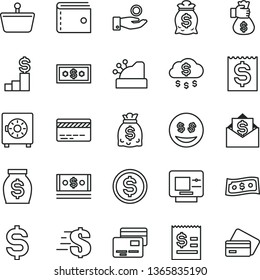 thin line vector icon set - bank card vector, purse, dollar, strongbox, cards, shopping basket, denomination of the, article on, financial item, catch a coin, money, dollars, cash, cashbox, bag hand