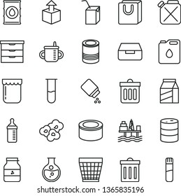 thin line vector icon set - wicker pot vector, bin, storage unit, mug for feeding, measuring bottle, baby powder, packing of juice with a straw, dust, drawer, bag handles, package, unpacking, tin