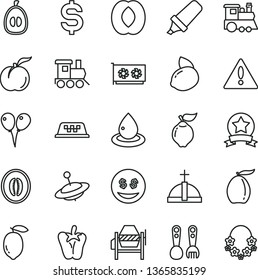thin line vector icon set - warning vector, plastic fork spoons, baby toy train, children's, yule, colored air balloons, concrete mixer, peper, ripe peach, quince, loquat, half, melon, lemon, yellow
