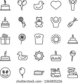 thin line vector icon set - heart symbol vector, rubber duck, baby duckling, teddy bear, children's train, colored air balloons, balloon, cake, birthday, gift, Easter, slice, torte, Chupa Chups, sun