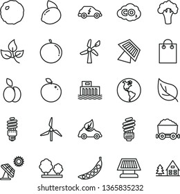thin line vector icon set - saving light bulb vector, cabbage, apple, tangerine, yellow lemon, delicious, peas, broccoli, big solar panel, leaves, leaf, windmill, wind energy, planet Earth, trees