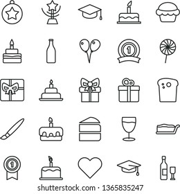 thin line vector icon set - tassel vector, colored air balloons, cake, birthday, heart, gift, square academic hat, Easter, piece of, slice, torte, lollipop, glass, bottle, giftbox, star cup, medal