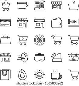 thin line vector icon set - bank card vector, dollar, children's potty, put in cart, crossed, bag with handles, kiosk, stick of sausage, cup tea, stall, shopping, basket, wallet, purse, cash, hand
