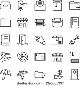 thin line vector icon set - folder vector, book, open pin, e, books, door knob, received letter, umbrella, drawer, cardboard box, 24, canned goods, kiosk, stall, get a wage, arm with key, exit
