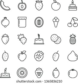 thin line vector icon set - cake vector, birthday, cone, jam, strawberry, strawberries, biscuit, cherry, grape, red apple, raspberry, fig, medlar, tasty, mulberry, slice of melon, half, kiwi