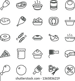 thin line vector icon set - baby bib vector, cheese, tin, piece of pizza, spaghetti, noodles, muffin, cake with a hole, pie, porridge in saucepan, hot, lettuce plate, chicken, leg, thigh, grill, jam