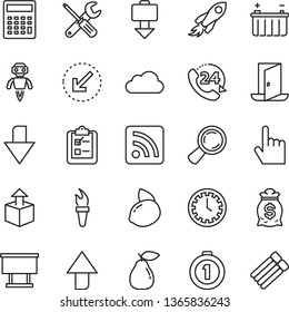 thin line vector icon set - clock face vector, upward direction, downward, calculator, rss feed, small tools, left bottom arrow, index finger, survey, 24, unpacking, pear, yellow lemon, battery