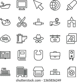 thin line vector icon set - monitor window vector, scissors, hat with glasses, camera roll, bib, children's bathroom, box of bricks, buildings, boiler, book, picture, chicken, hydroelectric station