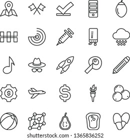 thin line vector icon set - graphite pencil vector, hat with glasses, baby bath ball, cloud, ceramic tiles, electronic boiler, map, sandwich, blueberries, tamarillo, part of guava, pc tower, note