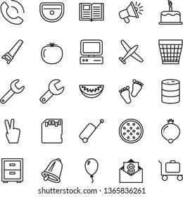 thin line vector icon set - repair key vector, wicker pot, bedside table, footprints, balloon, hand saw, sink, bell, book, cake, phone call, medlar, water melon slice, half of passion fruit, barrel