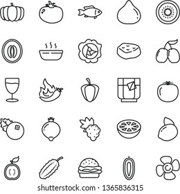 thin line vector icon set - burger vector, hot porridge, piece of meat, tomato, fish, a glass tea, blueberries, grape, squash, fig, medlar, tasty cornels, half melon, sweet date fruit, yellow lemon