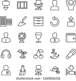 thin line vector icon set - purse vector, woman, counterclockwise, storage unit, safety pin, garden trolley, trowel, window frame, plastic brush, city block, employee, globe, anchor, glass, cherry