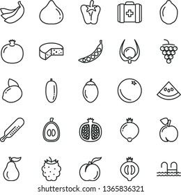 thin line vector icon set - mercury thermometer vector, medical bag, cheese, peper, orange, peach, ripe, pomegranate, half, large grape, fig, medlar, of, blackberry, date fruit, loquat, yellow lemon