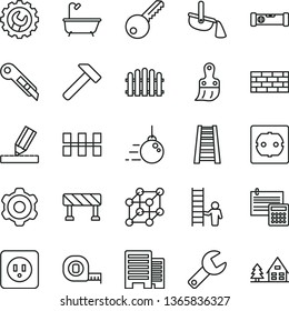 thin line vector icon set - repair key vector, brickwork, big core, cogwheel, measuring tape, plastic brush, stepladder, bath, power socket type b, f, construction level, buildings, drawing, gear