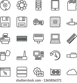 thin line vector icon set - processor vector, computer, tablet pc, notebook, fan, keyboard, tower, memory, gpu card, router, cd, printer, usb flash, browser, connect, floppy, lan connector, sd