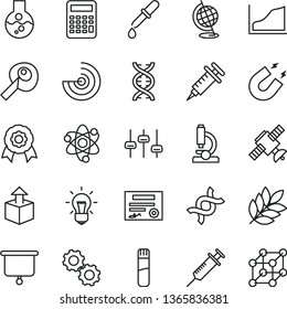 thin line vector icon set - unpacking vector, flask, test tube, microscope, atom, dna, bulb, gears, settings, satellite, pipette, globe, magnet, calculator, artifical insimination, growth graph