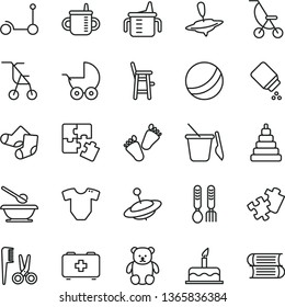 thin line vector icon set - mug for feeding vector, measuring cup, baby powder, t short, stroller, summer, sitting, bath ball, accessories a hairstyle, stacking toy, Knitted Socks, bag of paramedic