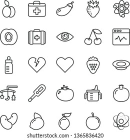 thin line vector icon set - first aid kit vector, toys over the cradle, measuring cup for feeding, bottle, electronic thermometer e, medical bag, heart, broken, eye, cardiogram, a plate of milk