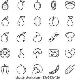 thin line vector icon set - piece of cheese vector, mushroom, porcini, pear, ripe peach, apple, melon, mango, loquat, tangerine, passion fruit, sweet date, yellow lemon, kiwi, half, guava, guawa