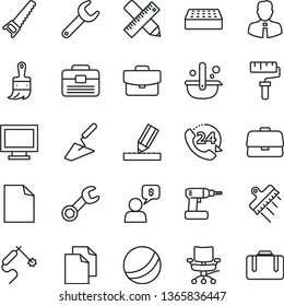 thin line vector icon set - paint roller vector, monitor window, clean sheet of paper, bath ball, trowel, cordless drill, hand saw, wooden brush, portfolio, writing accessories, drawing, brick, 24