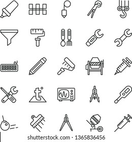 thin line vector icon set - paint roller vector, graphite pencil, electronic thermometer e, iron fork spoons, winch hook, concrete mixer, small tools, adjustable wrench, ceramic tiles, plummet, core