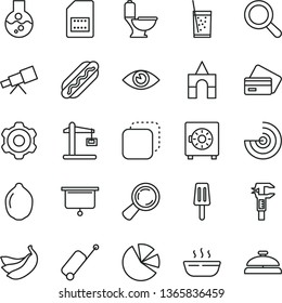 thin line vector icon set - magnifier vector, box of bricks, cogwheel, toilet, eye, strongbox, copy, Hot Dog, porridge, a glass soda, popsicle, bananas, lime, Construction crane, SIM card, caliper