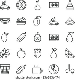 thin line vector icon set - wicker pot vector, stacking toy, lettuce in a plate, cucumber, cup of tea, pear, strawberry, slice water melon, mango, half loquat, ripe plum, tasty, passion fruit, guava