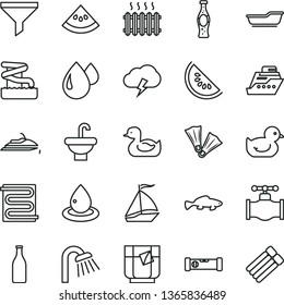 thin line vector icon set - rubber duck vector, baby duckling, bath, washbasin, shower, construction level, heating coil, storm cloud, small fish, a glass of tea, bottle soda, slice water melon, oil