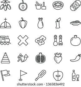 thin line vector icon set - cross vector, pennant, electronic thermometer e, stacking toy, tumbler, sand set, plastic fork spoons, baby train, flag, slices of onion, popcorn, pomegranate, half, stub