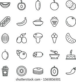 thin line vector icon set - deep plate with a spoon vector, cake, sausage, Hot Dog, mushroom, bowl of rice porridge, cup popcorn, cone, blueberries, strawberry, biscuit, pancakes, orange, melon