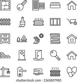 thin line vector icon set - house vector, dwelling, brick wall, building trolley, window frame, wooden paint brush, laying out, door knob, city block, heating coil, new radiator, home, key, aluminum