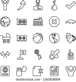 thin line vector icon set - mark of injury vector, check, dummy, baby carriage, bath ball, toy mobile phone, passport, delete page, small fish, branch grape, onion, planet, Earth, hydroelectricity