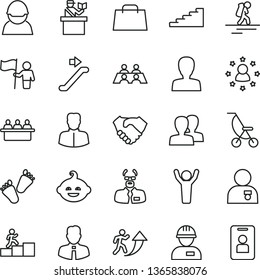 thin line vector icon set - woman vector, women, summer stroller, funny hairdo, children's tracks, workman, employee, racer, court hearing, hand shake, bag, conversation, scientist, man arrow up