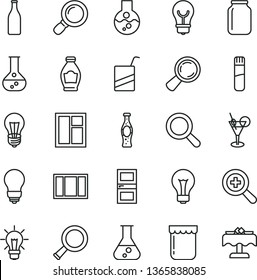 thin line vector icon set - matte light bulb vector, magnifier, zoom, e, window, frame, interroom door, bottle of soda, jam, flask, Glass, jar, test tube, cocktail, restaurant