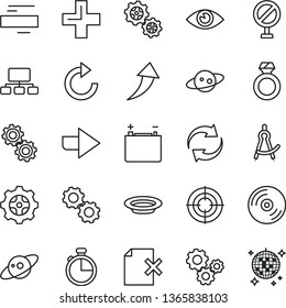 thin line vector icon set - prohibition vector, right direction, renewal, plus, minus, clockwise, eye, timer, CD, delete page, plate, accumulator, gear, gears, scheme, drawing compass, saturn, aim