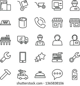 thin line vector icon set - repair key vector, builder, workman, building trolley, hammer, speech, smartphone, operator, shipment, modern gas station, industrial enterprise, pipes, kiosk, stall, atm