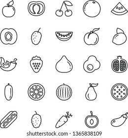 thin line vector icon set - Hot Dog vector, chili, carrot, fried egg, strawberry, cherry, ripe peach, half apricot, pomegranate, fig, mulberry, tasty, water melon, slice, date fruit, yellow lemon