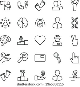 thin line vector icon set - women vector, footprints, children's tracks, workman, employee, heart, index finger, pass card, woman, get a wage, dna, brain, bactery, artifical insimination, hands up